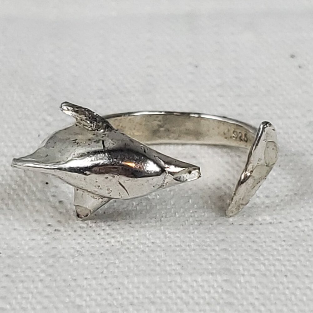 Dolphin Wrap Open Silver 925 Adjustable Ring Sz 1… - image 1